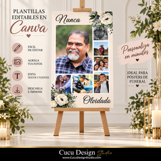 Un póster fotográfico personalizado de estilo conmemorativo, exhibido sobre un caballete de madera en un ambiente interior decorado. El póster presenta un fondo color crema con detalles florales, un retrato grande de un hombre con barba, fotografías familiares más pequeñas y el texto en español «Nunca» en la parte superior y «Olvidado» en la inferior.