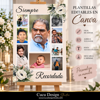 Una maqueta de producto digital que muestra una plantilla de póster tipo collage fotográfico personalizable sobre un caballete, con texto superpuesto en español que destaca su compatibilidad con Canva y sus funciones de edición.