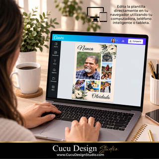 Una persona está sentada a un escritorio y utiliza un portátil para editar una plantilla de collage de fotos. La pantalla muestra un diseño con las palabras «Nunca» y «Obedido» alrededor de fotos familiares.