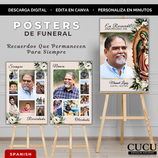 Pósters de funeral editables en Canva con diseño floral elegante y religioso, incluyendo Virgen de Guadalupe, con tres estilos de póster en exhibición sobre caballetes mostrando fotos familiares, nombres y fechas conmemorativas, ideal para homenajes y servicios funerarios. /

Editable funeral posters in Canva featuring elegant floral and religious design with Virgin of Guadalupe, displaying three poster styles on easels with family photos, names, and memorial dates, ideal for funerals and remembrance disp
