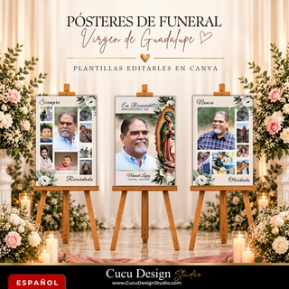 Plantillas editables de Canva para póster funerario en español, con diseños de recuerdo y homenaje familiar

English: Editable Canva funeral poster templates in Spanish, featuring memorial and family tribute designs
