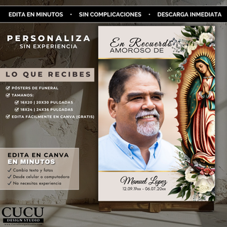 Póster de funeral personalizable con foto principal del difunto, diseño elegante en tonos neutros y elemento religioso de la Virgen de Guadalupe, perfecto para crear un homenaje significativo y respetuoso. / 
Customizable funeral poster featuring main portrait of loved one with elegant neutral tones and Virgin of Guadalupe design, perfect for creating a meaningful and respectful tribute.