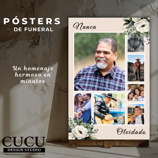 Póster memorial estilo collage con múltiples fotos familiares que representan momentos importantes de la vida del ser querido, con diseño floral elegante ideal para recordar y honrar su memoria. /
Memorial collage poster with multiple family photos representing meaningful life moments, featuring elegant floral design ideal for honoring and remembering a loved one.