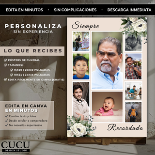Plantilla de póster de funeral con múltiples fotografías organizadas en formato elegante, combinando diseño floral y tonos suaves para crear un recuerdo visual emotivo y profesional. /
Funeral poster template with multiple photos arranged in an elegant layout, combining floral design and soft tones to create an emotional and professional memorial piece.