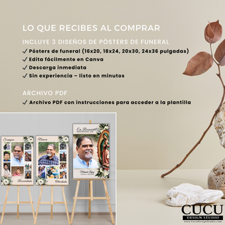 Imagen informativa del producto mostrando lo que incluye la compra, tamaños disponibles de pósters de funeral y detalles de descarga digital inmediata para edición en Canva. / 
Product information image showing what is included in the purchase, available funeral poster sizes, and instant digital download details for Canva editing.