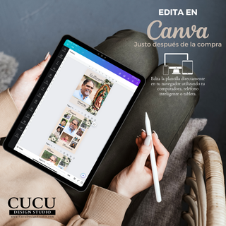 Demostración de edición de póster de funeral en Canva desde una tablet, mostrando cómo personalizar fácilmente fotos y texto desde celular, computadora o dispositivo móvil. / 
Demonstration of editing a funeral poster in Canva on a tablet, showing how to easily customize photos and text from phone, computer, or mobile device.