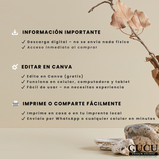 Imagen con información importante del producto que explica descarga digital, edición en Canva gratuita y opciones para imprimir o compartir el póster de funeral fácilmente. / 
Image with important product details explaining digital download, free Canva editing, and options to print or share the funeral poster easily.