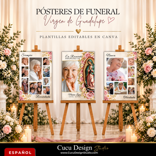 Tres pósteres de funeral con Virgen de Guadalupe y diseños florales en tonos rosa, crema y dorado, presentados sobre caballetes.