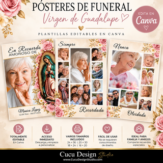 Tres plantillas de póster memorial con Virgen de Guadalupe, fotografías familiares y detalles florales, con información sobre edición en Canva y cuatro tamaños disponibles.