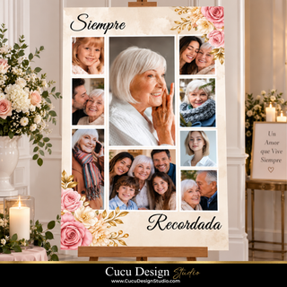 Póster memorial estilo collage con el título “Siempre”, fotografías familiares y detalles florales en tonos rosa, crema y dorado.