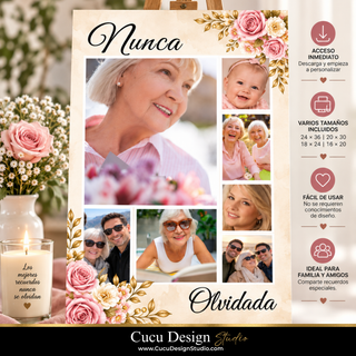 Póster memorial estilo collage con el título “Nunca”, fotografías familiares y detalles florales, acompañado de información sobre acceso inmediato, tamaños y facilidad de uso.