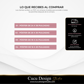 Gráfico que muestra los cuatro tamaños de póster incluidos: 24 × 36, 20 × 30, 18 × 24 y 16 × 20 pulgadas, junto con información sobre edición en Canva y acceso instantáneo.