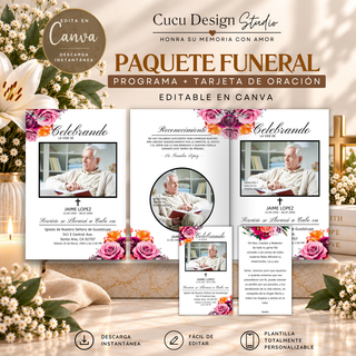 Paquete funeral editable en Canva con programa funerario y tarjeta de oración, diseño elegante con rosas rosas, flores blancas y detalles beige.