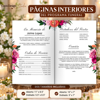 Páginas interiores del programa funeral editable con texto conmemorativo, orden del servicio, portadores del féretro y oración. Incluye dos tamaños: 11 x 8.5 y 10 x 7 pulgadas.