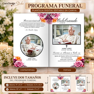 Plantilla de programa funeral en Canva con portada y contraportada decoradas con rosas rosas. Incluye dos tamaños para imprimir: 11 x 8.5 y 10 x 7 pulgadas.