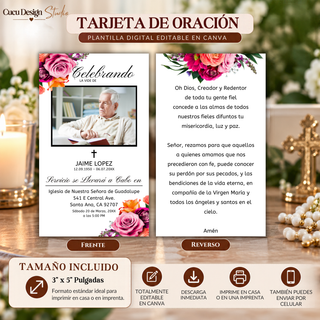 Tarjeta de oración funeral editable en Canva, tamaño 3 x 5 pulgadas, con fotografía conmemorativa, rosas rosas y oración católica.