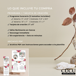 Contenido incluido en la compra de plantilla funeraria, programa y tarjeta de oración con descarga digital inmediata / What’s included in funeral template purchase, program and prayer card with instant digital download