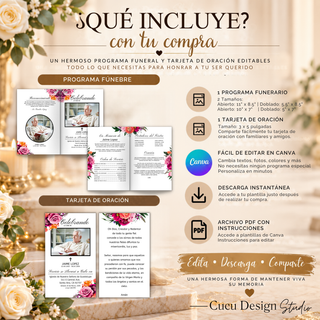 Contenido del paquete funeral digital: programa funerario en dos tamaños, tarjeta de oración de 3 x 5 pulgadas, plantilla editable en Canva y archivo PDF con instrucciones.