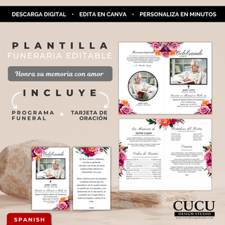 Plantilla funeraria editable en Canva con programa y tarjeta de oración, diseño floral elegante en tonos rosados y naranjas / Editable funeral template in Canva with program and prayer card, elegant floral design in pink and orange tones