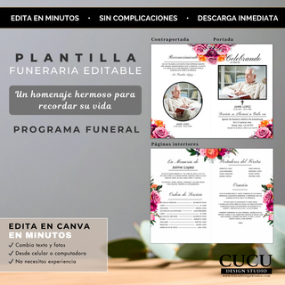 Programa funerario editable en Canva con diseño floral colorido, incluye portada y páginas interiores personalizables / Editable funeral program in Canva with colorful floral design, includes cover and customizable inside pages
