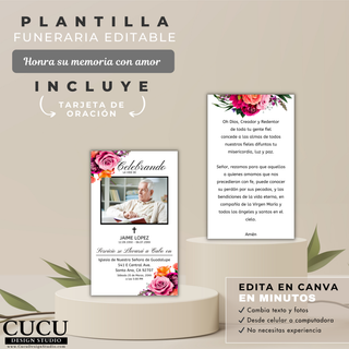Tarjeta de oración funeraria editable en Canva con diseño floral elegante y espacio para foto personalizada / Editable funeral prayer card in Canva with elegant floral design and customizable photo space