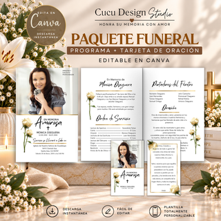 Paquete funeral editable en Canva con programa funerario y tarjeta de oración con rosas blancas. Incluye portada, páginas interiores, fotografía personalizable y diseños elegantes para honrar la memoria de un ser querido.