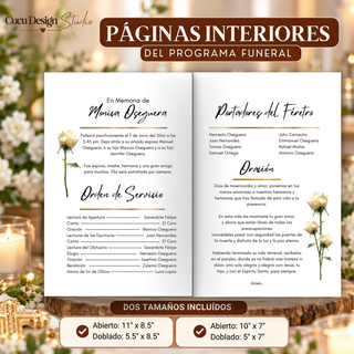 Páginas interiores de programa funerario editable con rosas blancas, dedicatoria en memoria del ser querido, orden de servicio, lista de portadores del féretro y oración religiosa. Incluye dos tamaños de impresión.