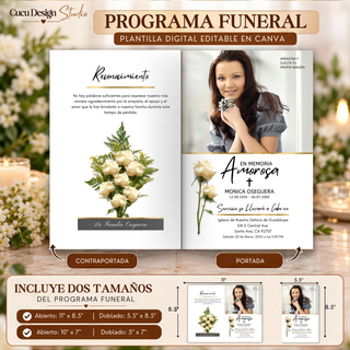 Programa funeral editable en Canva con portada y contraportada, fotografía personalizable, rosas blancas y detalles dorados. Incluye dos tamaños de programa funerario para imprimir.