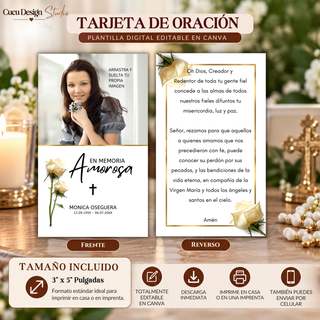 Tarjeta de oración funeraria editable en Canva con fotografía personalizable, rosas blancas y oración católica. Tamaño de 3 x 5 pulgadas, ideal para imprimir o compartir digitalmente con familiares y amigos.