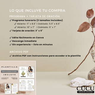 Lo que incluye compra programa funeral y tarjeta oración tamaños incluidos descarga digital Canva / What’s included funeral program and prayer card sizes included digital download Canva