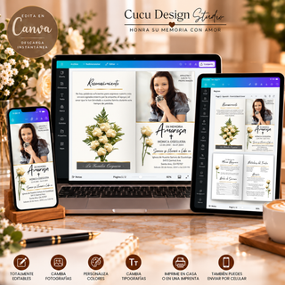 Plantilla de programa funerario editable en Canva mostrada en computadora, tableta y celular. Permite cambiar fotografías, textos, colores y tipografías, imprimir en casa o compartir digitalmente.