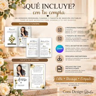 Información antes de comprar el paquete funeral digital de Canva. Producto descargable sin envío físico, fácil de editar desde computadora, tableta o celular y de compartir por WhatsApp o correo electrónico.