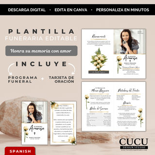 Plantilla funeral editable en Canva con programa funerario y tarjeta de oración diseño elegante flores blancas / Editable funeral template in Canva with funeral program and prayer card elegant white floral design