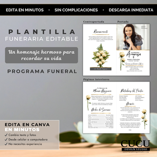 Programa funerario editable en Canva con portada, contraportada y páginas interiores diseño elegante minimalista / Editable funeral program in Canva with front back and inside pages elegant minimalist design