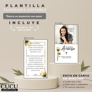 Tarjeta de oración funeral editable en Canva frente y reverso con diseño de rosas blancas y estilo elegante / Editable funeral prayer card front and back in Canva with white roses elegant design