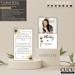 funeral program, canva funeral program, Canva template, Funeral card, Funeral template, Loss of loved one, Black Gold Funeral Program, Elegant Prayer Card and Funeral Program Template, Funeral Announcement, Funeral Cards, Cucu design studio, memorial, Funeral anuncio invitación, En memoria de invitacion funeral, Editar velorio invitacion de funeral, Plantilla de tarjeta funeraria, Plantillas de invitacion a funeral editable