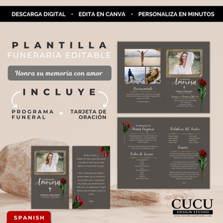 Plantilla funeraria editable en Canva con programa funeral y tarjeta de oración diseño elegante gris con flores rojas / Editable funeral template in Canva with funeral program and prayer card elegant gray design with red flowers