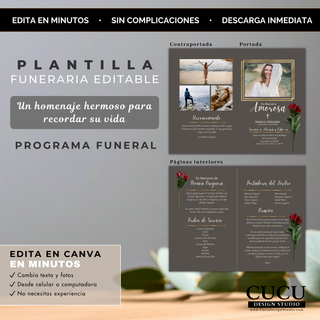 Programa funerario editable portada y contraportada diseño elegante en español con foto y detalles del servicio / Editable funeral program front and back cover elegant Spanish design with photo and service details