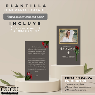 Tarjeta de oración funeraria editable en Canva diseño elegante con cruz y flores rojas memorial en español / Editable funeral prayer card in Canva elegant design with cross and red flowers Spanish memorial