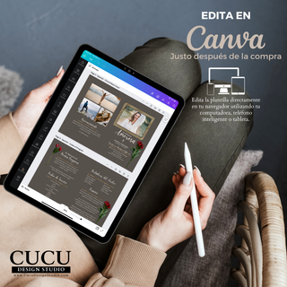 Edición de plantilla funeraria en Canva desde tablet diseño editable fácil de personalizar en minutos / Editing funeral template in Canva on tablet easy to customize editable design in minutes