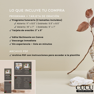 Lo que incluye plantilla funeral programa y tarjeta de oración descarga digital editable en Canva / What’s included funeral template program and prayer card digital download editable in Canva