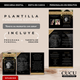 Plantilla funeraria editable en Canva color negro y dorado con diseño elegante incluye programa funerario y tarjeta de oración lista para personalizar en minutos / Editable funeral template in Canva black and gold elegant design includes funeral program and prayer card ready to customize in minutes