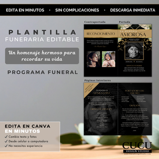 Programa funerario editable con portada y contraportada diseño elegante negro y dorado con foto central y detalles de servicio memorial religioso / Editable funeral program with front and back cover elegant black and gold design with photo frame and memorial service details