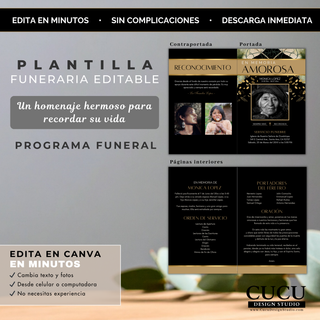 Páginas interiores del programa funerario con orden de servicio texto conmemorativo y oración diseño limpio elegante fácil de leer / Inside pages of funeral program with order of service memorial text and prayer clean elegant layout easy to read