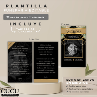 Tarjeta de oración funeraria frente y reverso con diseño negro dorado incluye texto religioso y espacio para personalizar nombre y fechas / Funeral prayer card front and back black and gold design includes religious text and space to personalize name and dates