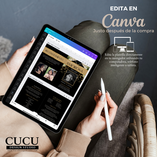 Plantilla editable en Canva mostrada en tablet demostrando facilidad de uso desde celular computadora o tablet sin experiencia / Editable Canva template shown on tablet demonstrating easy use on phone computer or tablet no experience needed