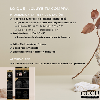Imagen informativa mostrando lo que incluye la plantilla funeraria tamaños del programa y tarjeta de oración con detalles claros / Informational image showing what is included in the funeral template program sizes and prayer card with clear details