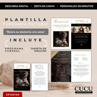 Plantilla funeraria editable en Canva con diseño elegante en tonos negro blanco y dorado mostrando programa funerario completo y tarjeta de oración ideal para homenajes personalizados fácil de editar y descargar al instante / Editable funeral template in Canva with elegant black white and gold design showing full funeral program and prayer card ideal for personalized tributes easy to edit and instant download