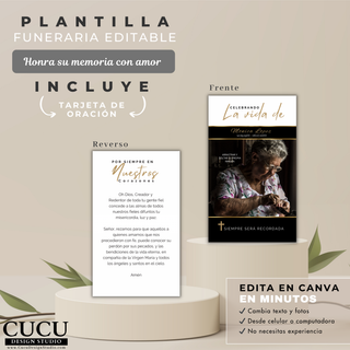 Tarjeta de oración funeraria con frente y reverso incluyendo oración religiosa diseño sobrio y elegante en tonos neutros ideal para recuerdos de funeral / Funeral prayer card front and back including religious prayer elegant neutral design ideal for memorial keepsakes