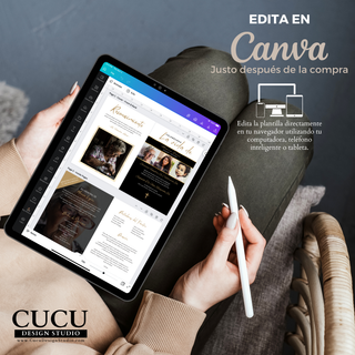 Plantilla editable en Canva mostrada en tablet demostrando facilidad de uso edición rápida desde celular computadora o tablet acceso inmediato tras la compra / Canva editable template shown on tablet demonstrating ease of use quick editing from phone computer or tablet instant access after purchase